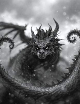 The primary subject of the image is a dragon, which is the main object, scene, or focus of the image. The dragon is depicted in a dark, moody setting, with a cloudy sky in the background. The visual style of the image is digital art, as it is a detailed and intricate illustration of the dragon. The colors and mood of the image are predominantly dark and ominous, with the dragon's eyes being the only source of light in the scene.